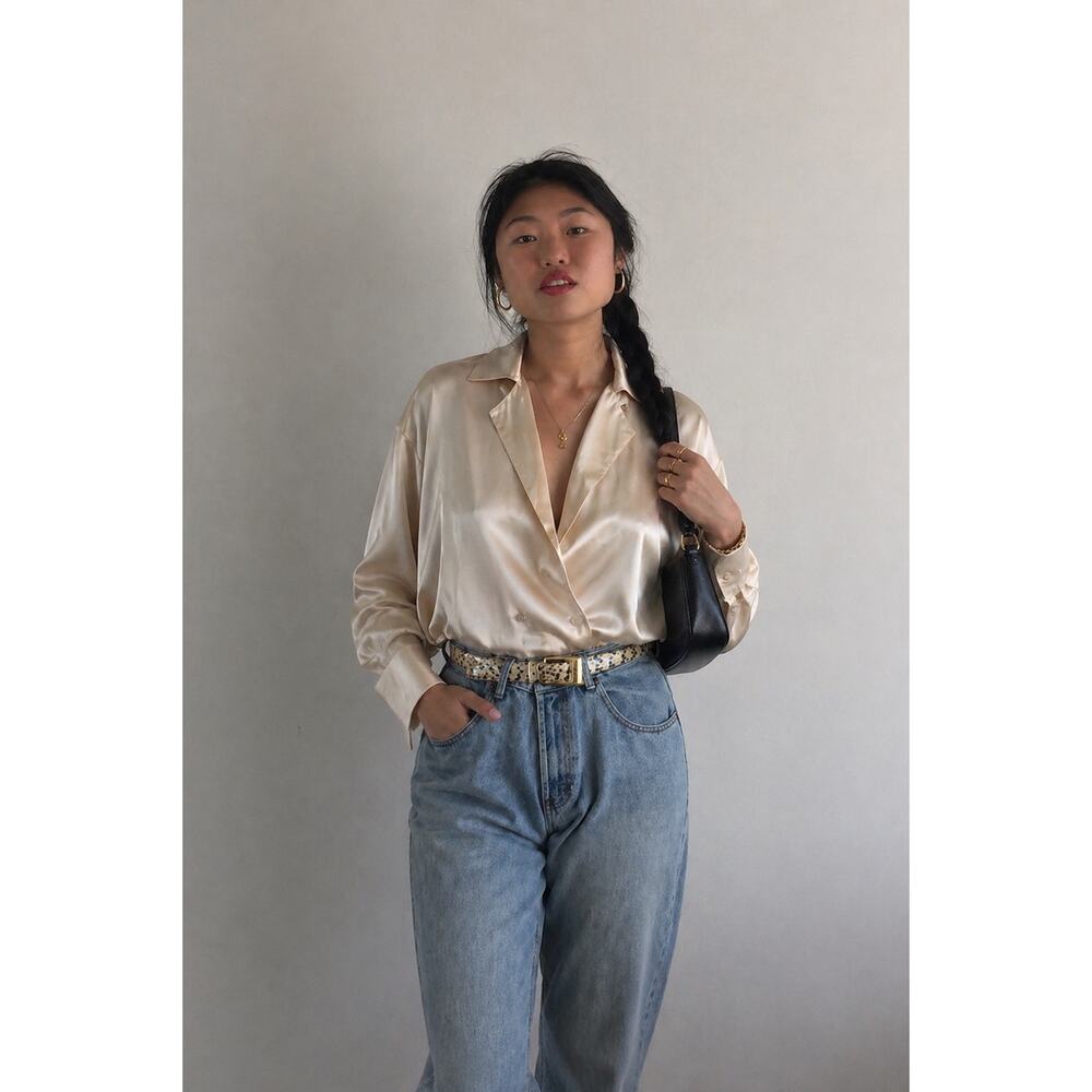 Vintage Christian Dior Cream Ecru Satin Silk Double Breasted Blouse 40 Jacket - Picture 2 of 13